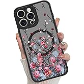 MOWIME Magnetic for iPhone 16 Pro Max case [Compatible with MagSafe] Cute Fashion Floral Translucent Matte Hard Back Shockproof Anti-Scratch Phone Case-Red Flower
