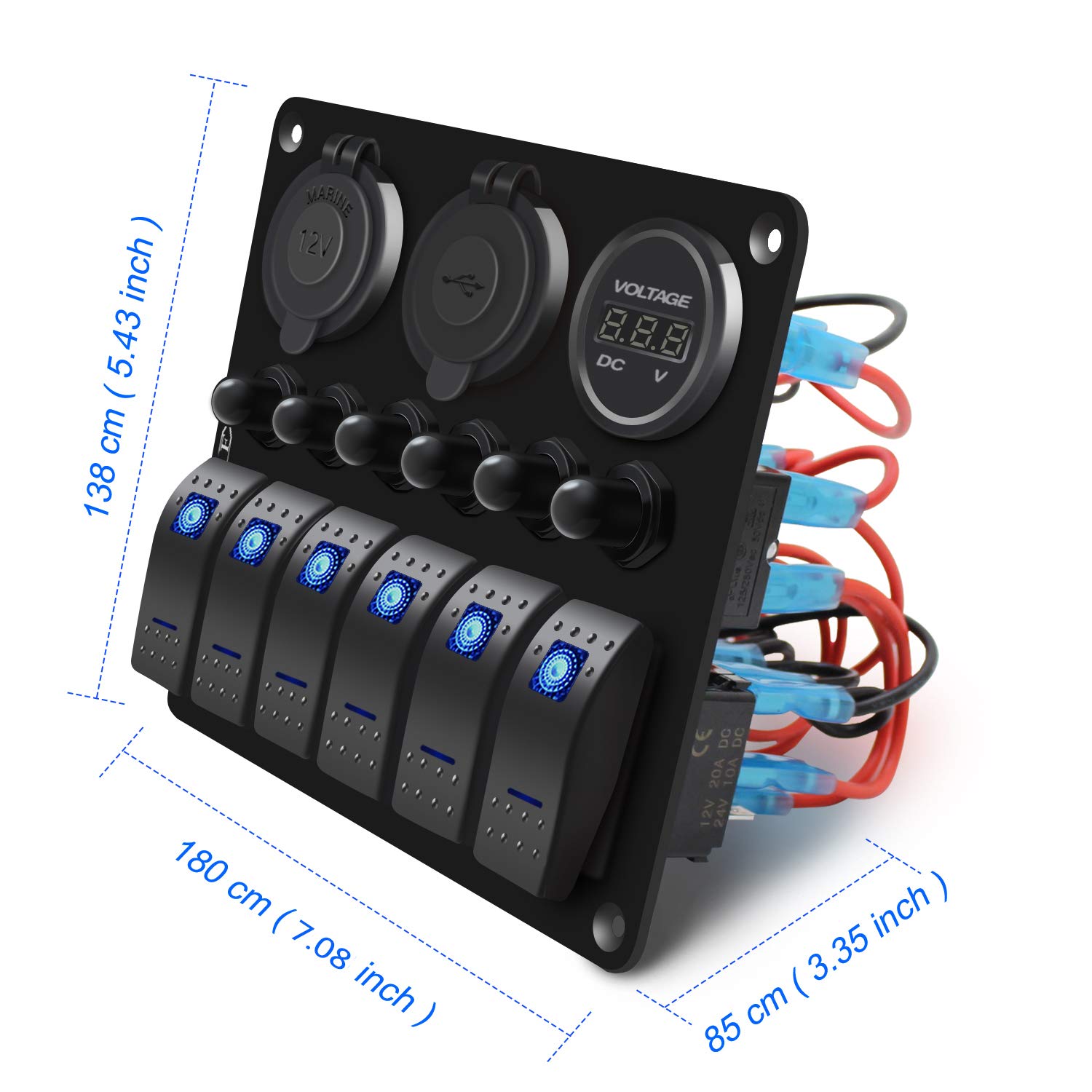FXC Waterproof Marine Boat Rocker Switch Panel 6 Gang with 3.1A Dual USB Slot Socket + Cigarette Lighter +LED Voltmeter with Overload Protection for Car Rv Vehicles Truck (6 Gang Blue LED) (6 Blue): Industrial & Scientific
