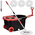 Mop Bucket Set, 360 Spin Mop Bucket with 3 Mop Heads, Mop and Bucket with Wringer Set Stainless Steel Spin Mop Bucket System on Wheels for Floor Cleaning Household Cleaning