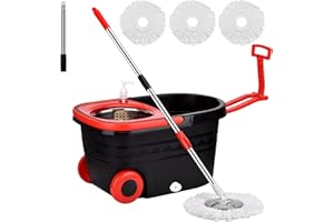 PULNDA Mop Bucket Set, 360 Spin Mop Bucket with 3 Mop Heads, Mop and Bucket with Wringer Set Stainless Steel Spin Mop Bucket System on Wheels for Floor Cleaning Household Cleaning