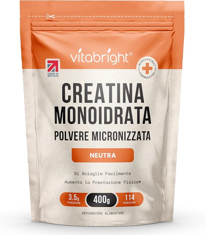 Creatina Monoidrata in Polvere Micronizzata | Busta da 400g | 114 Porzioni | Creatina Monohidrato Polvere Ultra Fine 200 Mesh a Rapido Scioglimento (Non Capsule) | Vitabright Creatine Monohydrate