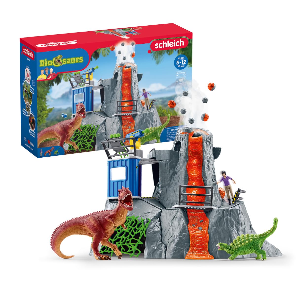 SCHLEICH DINOSAURS 42564 - Set di giocattoli a forma di dinosauro, con vulcano con luce LED e funzione di scoppio, figura ricercatrice e 2 figure di dinosauro, età consigliata: 5-12 anni