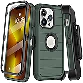 KECAI for iPhone 13 Pro Max Case with Belt Clip Holster & Kickstand,Built-in Screen Protector,Heavy Duty Shockproof Drop Protection Military Grade Full Body Rugged Phone Cover (6.7 Inch) (Dark Green)
