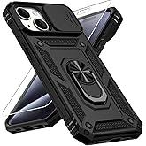 Vinve for iPhone 15 Plus Case, Slide Lens Cover, HD Screen Protector, Military Grade Drop Protection, Magnetic Rotated Ring Holder Kickstand Protective Phone Case (Black)