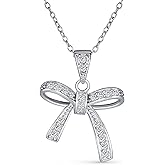 Bling Jewelry Dainty Romantic Bridal Wedding Clear Cubic Zirconia Pave CZ Station Holiday Present Ribbon Bow Pendant Necklace For Women Teen .925 Sterling Silver
