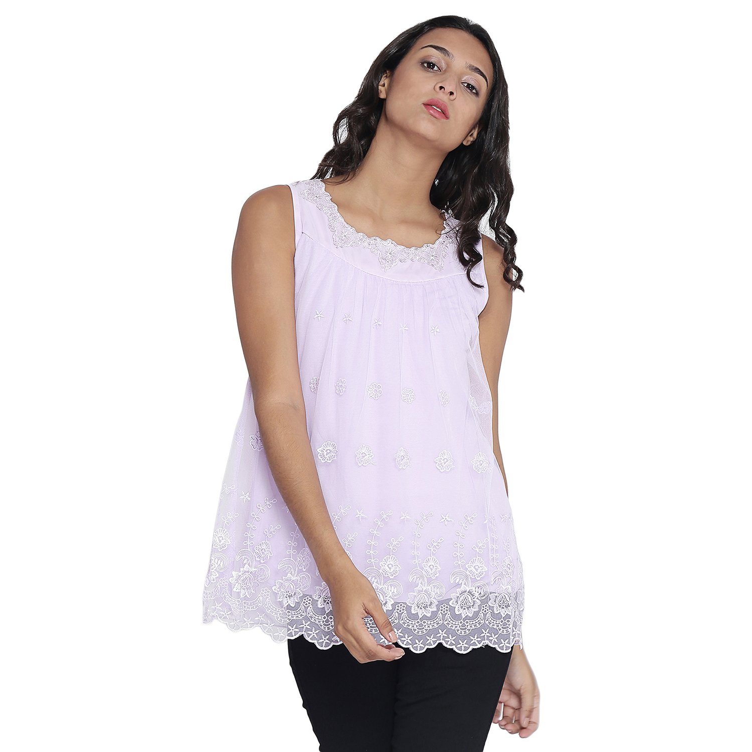 camey women's girl's round neck summer top sleeveless neck lace design top gs 55