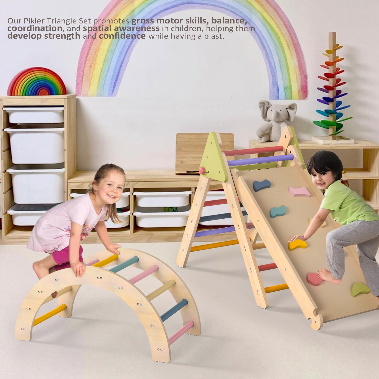 aiwo 7-in-1 Pikler Triangle Set Toddler Climbing Toys Indoor, Montessori Baby Climbing Gym, Climbing Set for Toddlers 1-3 Jungle Gym