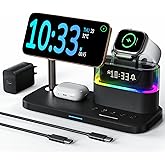 5 in 1 Wireless Charging Station for Apple,Mag-Safe Charger with Alarm Clock Night Light for Multiple Devices,Nightstand Charging Station for iPhone 17/16/15/14/13/12,Apple Watch Series,Air-Pods