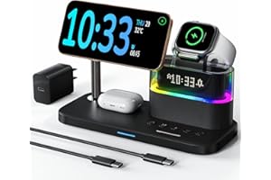 QUVFHE 5 in 1 Wireless Charging Station for Apple,Mag-Safe Charger with Alarm Clock Night Light for Multiple Devices,Nightstand Charging Station for iPhone 17/16/15/14/13/12,Apple Watch Series,Air-Pods