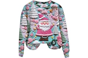 GENERIC Christmas Sweatshirts for Women Trendy 3D Graphic Sweaters Funny Gifts Crew Neck Long Sleeve Pullover Tops Ladies Clothes