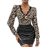 Women's Leopard Print Blouse with Lace Trim V-Neck Soft Stretchy Women Tops Long Sleeve T Shirt for Daily/Party/Date Outfit
