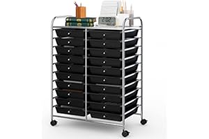 SILKYDRY 20-Drawer Rolling Storage Cart, Art Cart Organizer on Wheels, Metal Frame and Removable Drawers, Multipurpose Mobile Utility Cart for Classroom, Office, School, Home (Black)