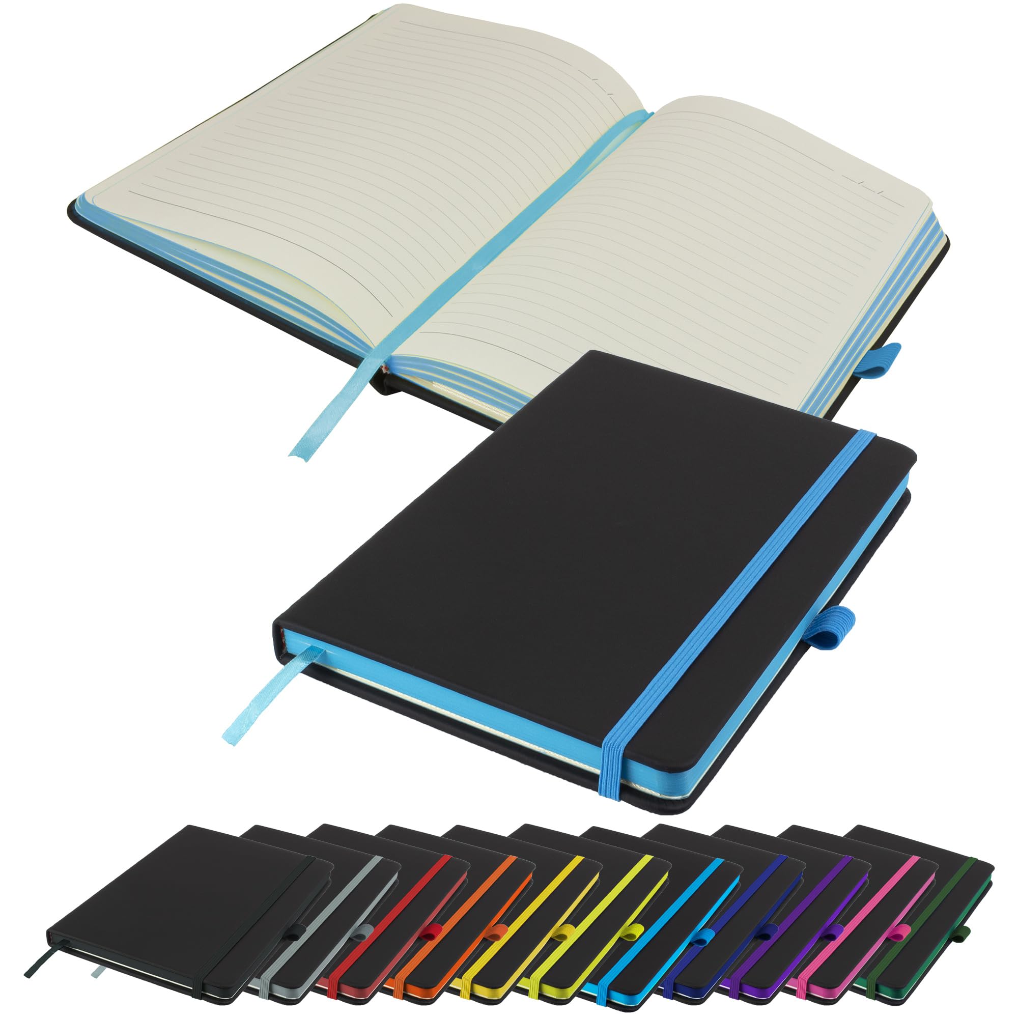 Savvy Bee Executive Contrasting paper edge A5 Notebook New Lined Hardback Journal with pen loop, elastic, ribbon, paper pocket & 196 pages Notepad Note Book Notes Diary Pad (Teal)