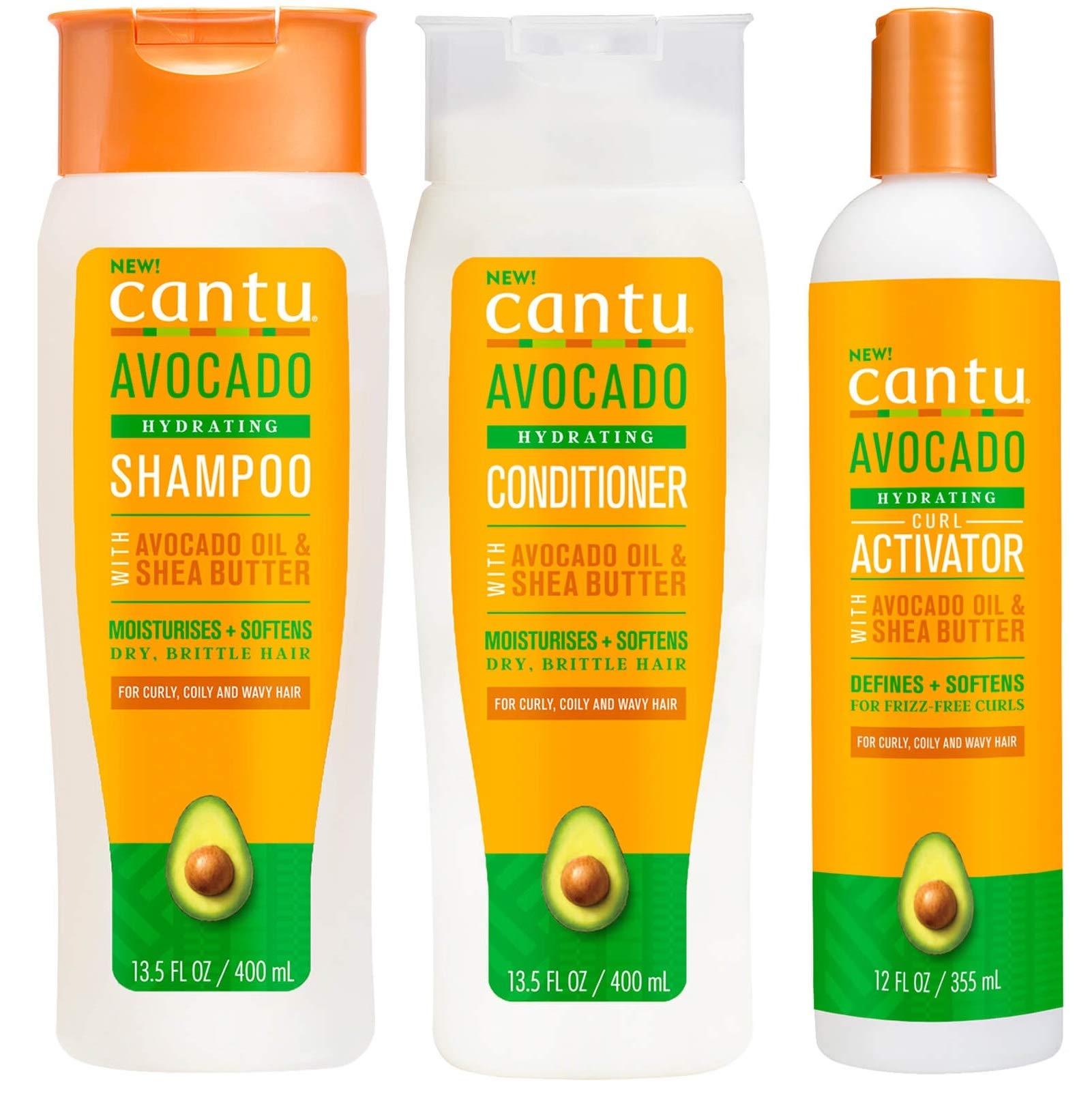 Cantu Sulfate-free Avocado Hydrating Shampoo, Conditioner, Curl Activator Cream for Curly, Coily or Wavy Hair Bundle