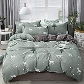 Omelas Kids Sage Green Duvet Cover Set Queen Size Christmas Cartoon Animal Elk Deer Tree Printed Bedding with Black Rectangle Plaid 3 Pieces Soft Microfiber Comforter Cover for Girls Boys (SLXL,Q)