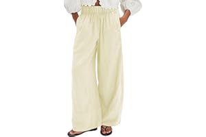Ziqoty Women's Linen Wide Leg Pants Elastic Waist Summer Boho Palazzo Pants Beach Vacation Casual Trousers with Pockets