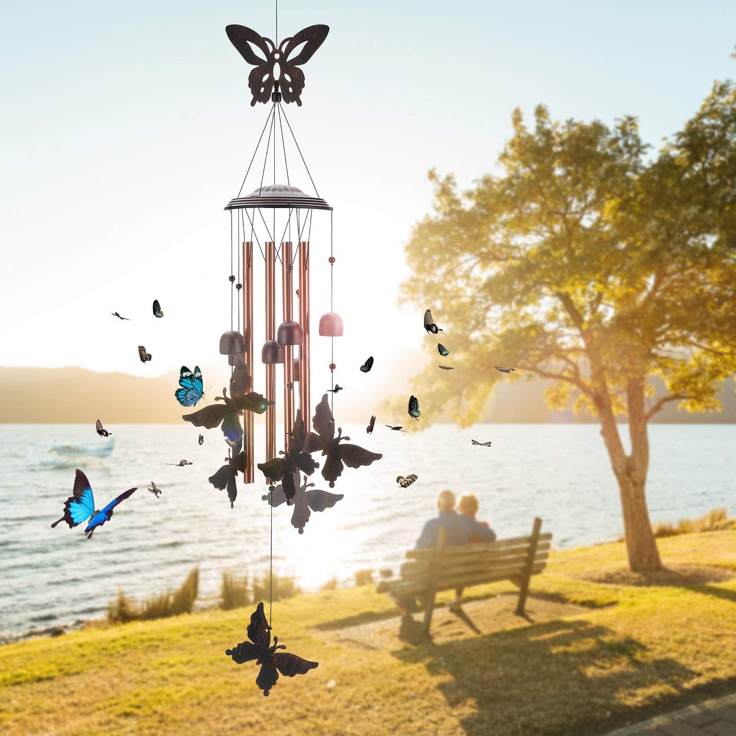 Gardenvy Butterfly Wind Chime, 35" Unique Metal Garden Chimes with 4 Aluminum Tubes for Mom Gifts for Grandma, Bronze : Garden & Outdoor