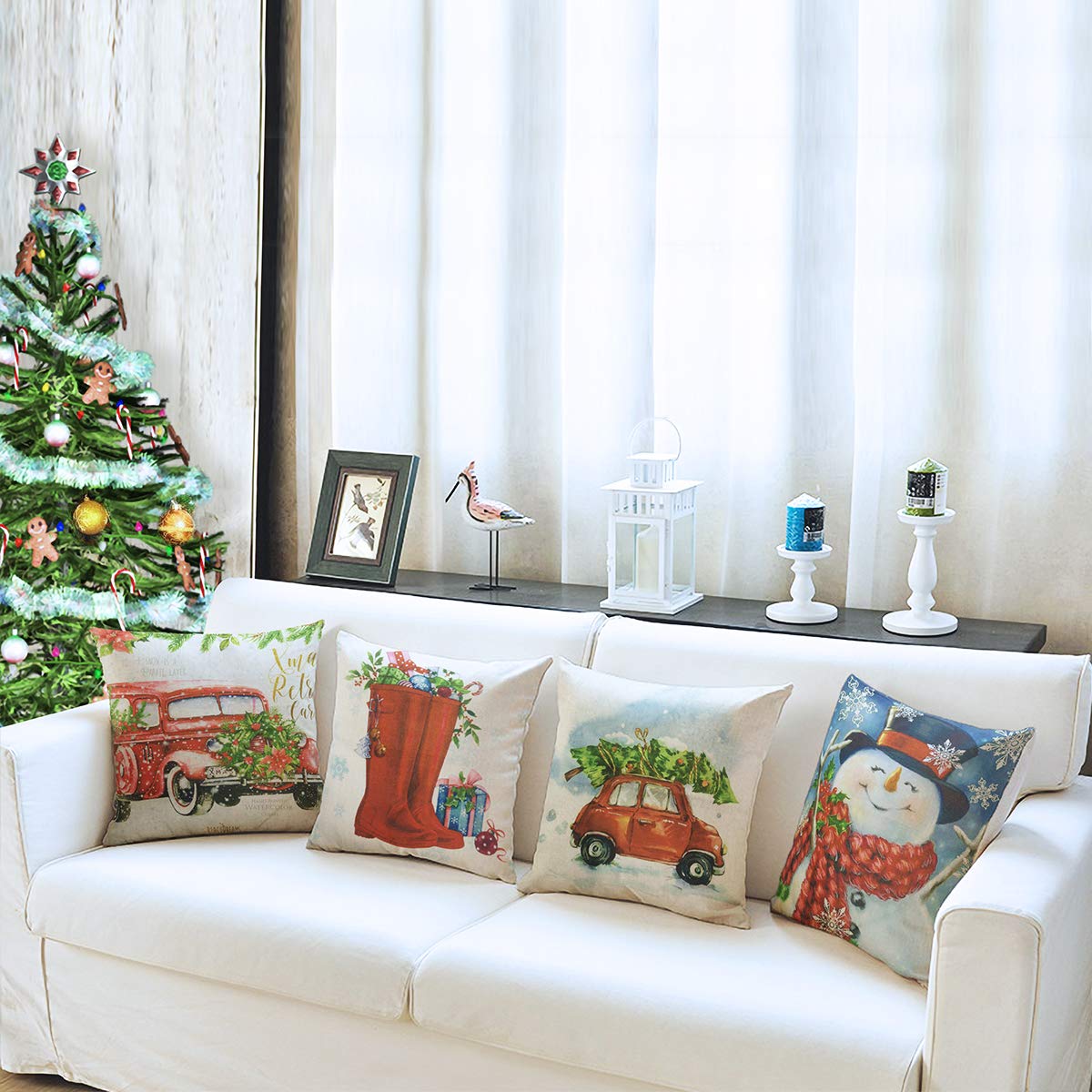 TIGERNU Throw Pillow Covers 18x18 inch (45x45cm) Linen Pillowcases Christmas Decorations Winter Snow Auto Church Cushion Cover for Couch Bed Sofa Car- Set of 4