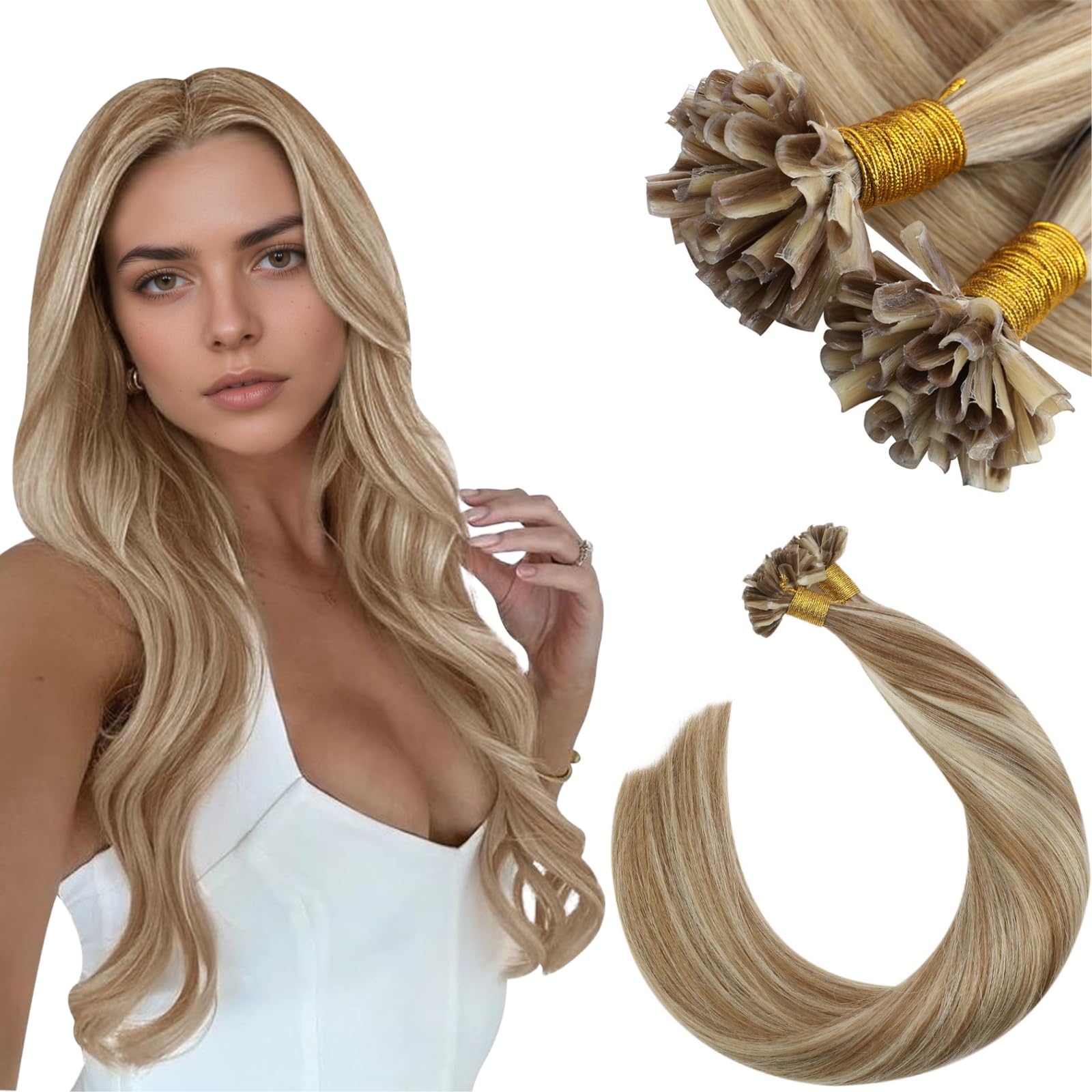 Ugeat U Tip Hair Extensions Real Human Hair Highlights 18 inch Keratin Hair Extensions Real Human Hair Golden Brown Highlights Bleach Blonde Keratin Tip 50S 50G