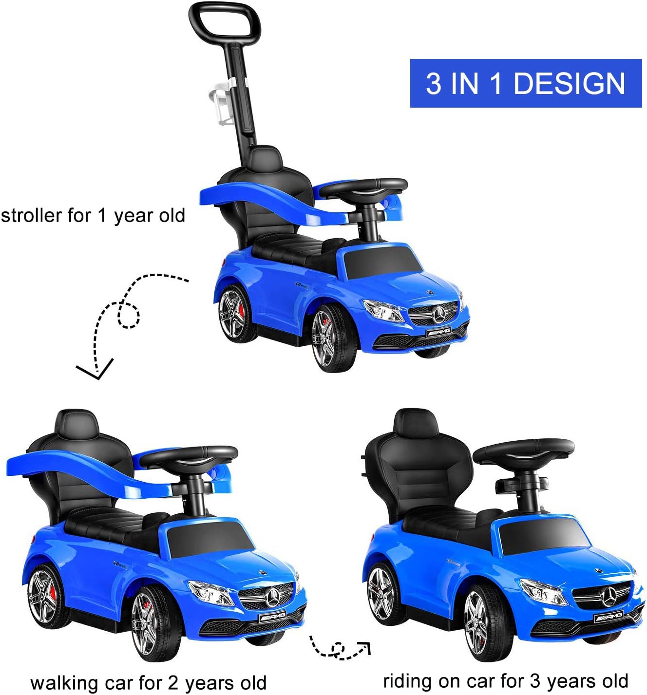 AuAg Toddler 4 Wheels Push Car, Foot to Floor Riding Toy for Children, 2 Modes, Convertible, Safety Bar, Cup Holder, Music, Retractable Foot Pedal, Storage, Gift for Children, Licensed by Benz (Blue)