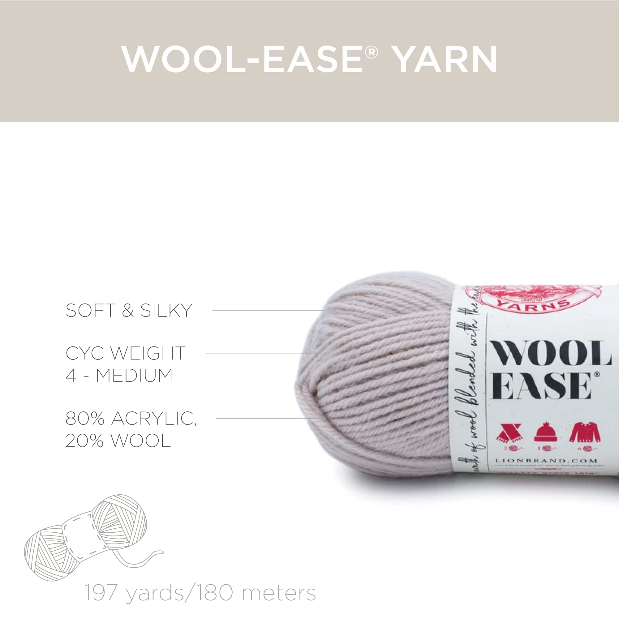 Lion Brand Yarn Wool-Ease Yarn, Worsted-Weight Yarn for Knitting and Crocheting, 1 Pack, Linen