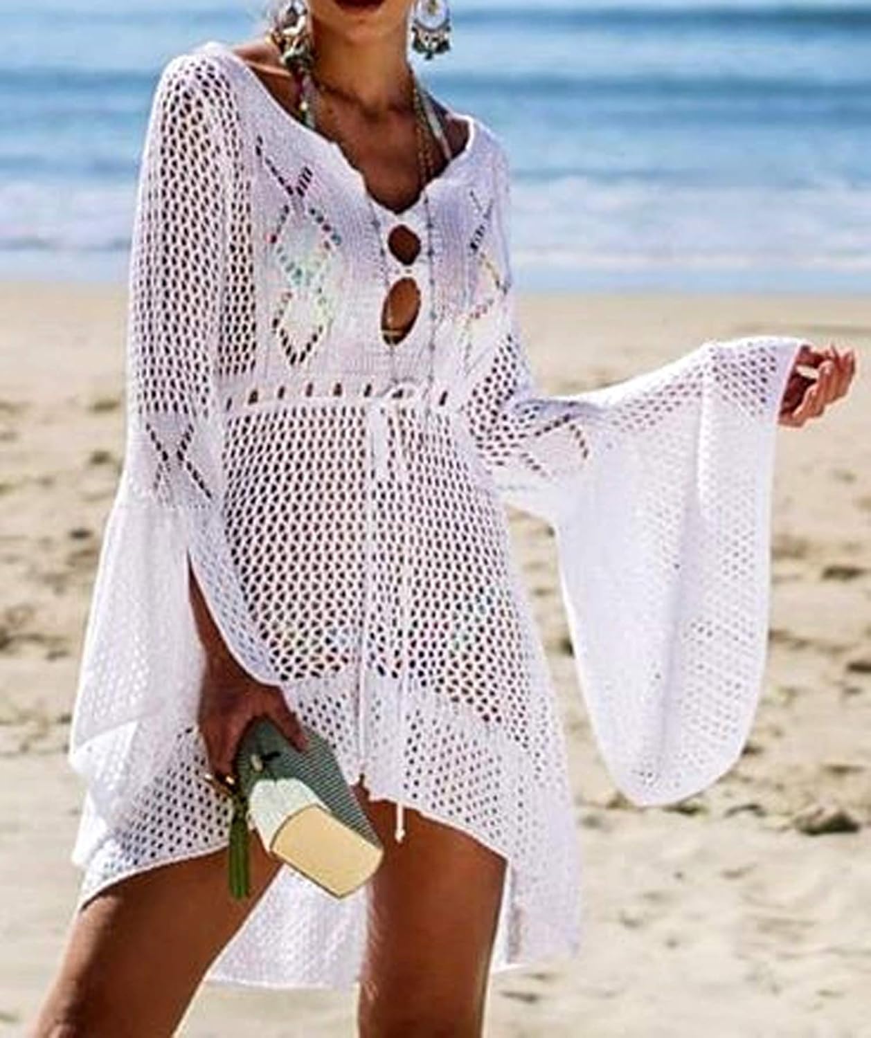 Wander Agio Beach Tops Sexy Floral Cover Dresses Bikini Cover-ups Net Hollow Out White at  Women’s Clothing store