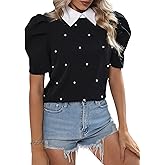 OYOANGLE Women's Casul Puff Short Sleeve Collar Work Blouse Top Shirts