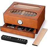 COOL KNIGHT Cigar Humidor with Front Hygrometer, Humidifier and Accessory Drawers-Tempered Glass Top Cigar Humidor Box - Spanish Cedar Humidor-Desktop Humidor That can Hold 20-35 Cigars.