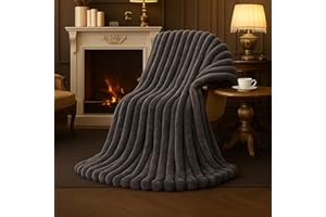 Amélie Home Faux Fur Throw Blanket for Couch, Cozy Fuzzy Fluffy Fur Luxurious Soft Striped Plush Gift Blankets for Family Sofa Chair Bedroom, 55"x70", Charcoal Grey