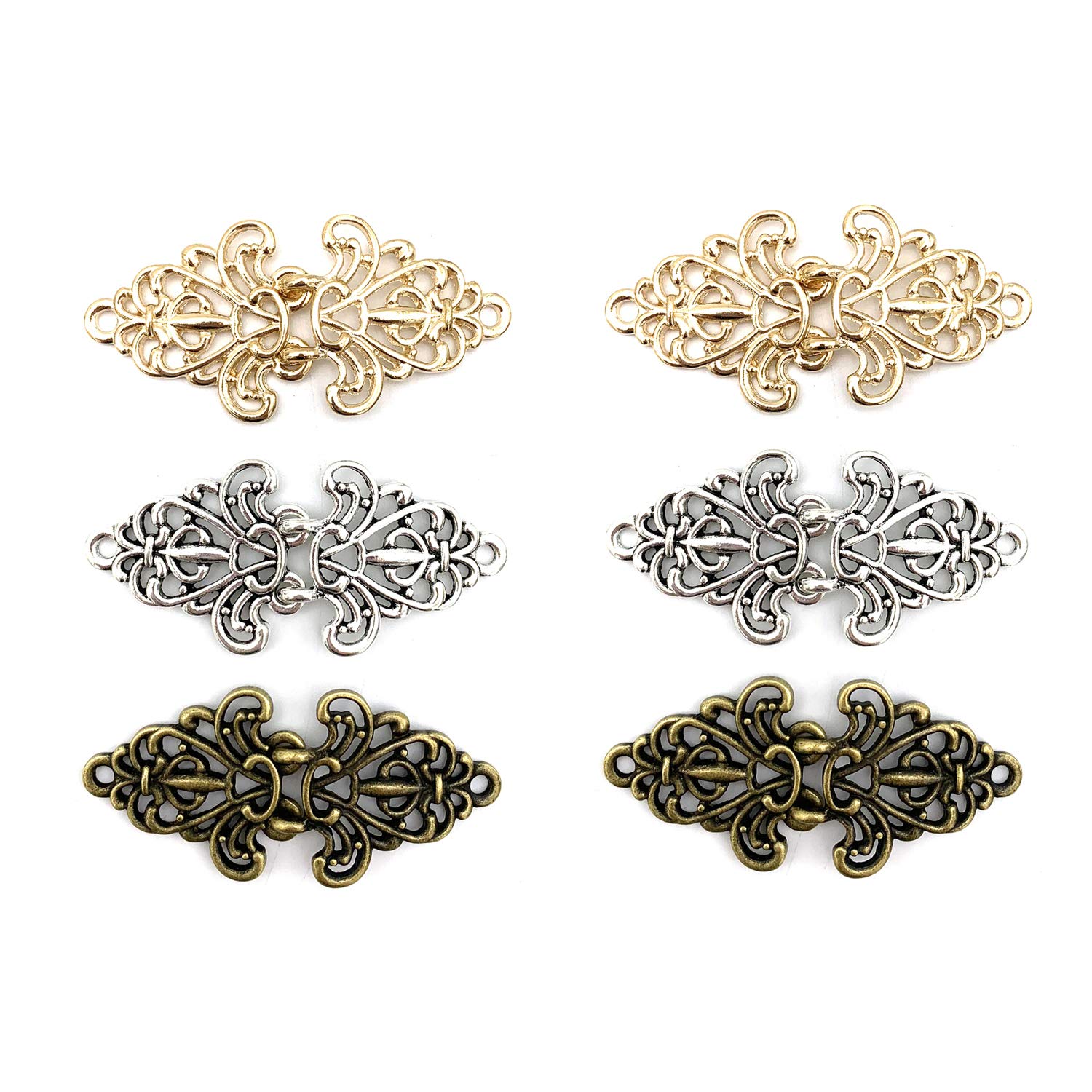 CAREOR 6 Pair Swirl Flower Cape Cloak Clasp Fasteners Sew On Hooks Eyes Cardigan Clip for Clothing Coat Jacket Pants, Gold&Silver&Copper