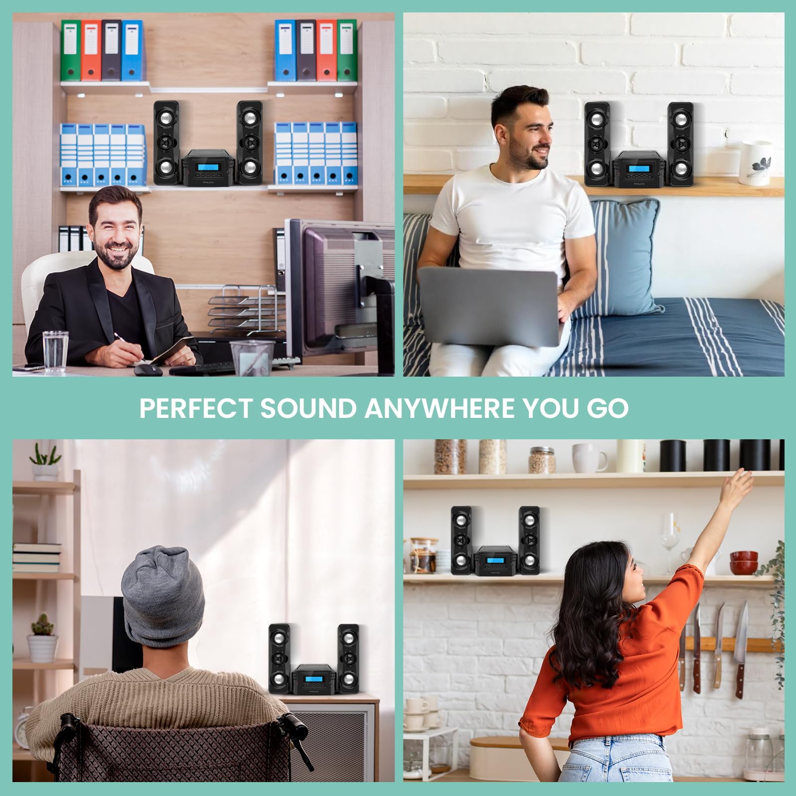 Philco Stereo Shelf Systems Compact CD Shelf System with Digital FM Stereo Radio, Bluetooth Wireless Technology, and Remote Control in Black | LCD Display | MP3 & AUX Port Compatible | USB Playback