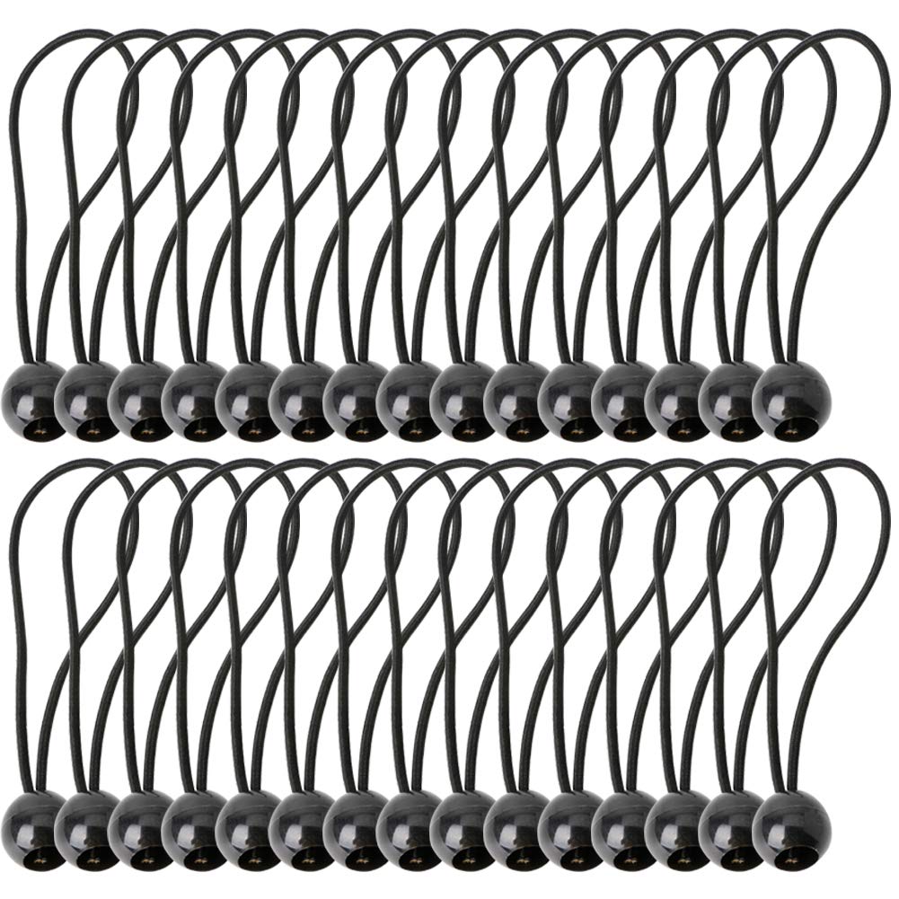 30Pcs Tarpaulin Bungees Balls Black Bungee Cord with Ball Toggle Ties for Gazebo Tent Flag Canopy