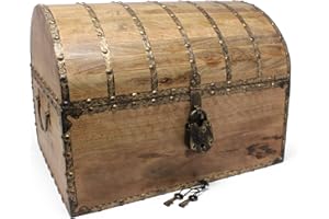 Nautical Cove Antiqued Finished Wood Treasure Chest with Decorative Rivets and Reinforcing Iron Strips with Lock and Skeleton Keys (X-Large 16x12x12) – Wooden Keepsake Box, Pirate Decor, Storage Chest