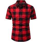 VIPWOLF Men's Plaid Shirts Classic Checkered Short Sleeve Button Down Casual T-Shirt