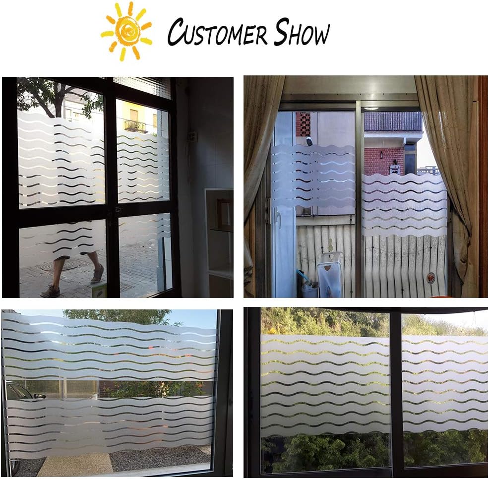 LEMON CLOUD Window Film Privacy Frosted Self Adhesive Window Sticker No Glue Static Cling Opaque Glass Film UV Protection Wave Patten 44.5x200cm - Image 5
