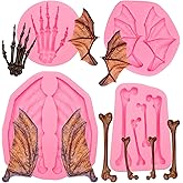 Halloween Skeleton Hand Silicone Molds, Bat Wings Crow Bone Chocolate Molds, Set of 4, Suitable for DIY Baking, Cake Decoration, Cupcake Topper, Candy, Plaster, Clay, Resin(M108)