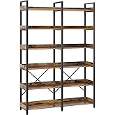 Seventable Bookshelf 6 Tier with 4 Hooks, 67” Industrial Wooden Bookcase, Vintage Storage Rack with Open Shelves, Rustic Standing Bookshelves Metal Frame 43.3” Wide Display Rack, Rustic Brown