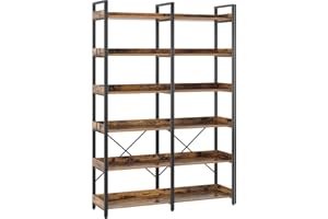Seventable Bookshelf 6 Tier with 4 Hooks, 67” Industrial Wooden Bookcase, Vintage Storage Rack with Open Shelves, Rustic Standing Bookshelves Metal Frame 43.3” Wide Display Rack, Rustic Brown