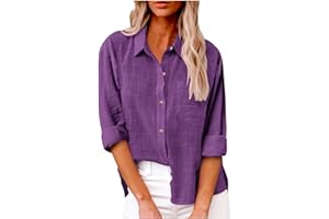GOHRSHA Womens Linen Camp Shirts 3/4 Length Sleeve Tunic Tops Loose Fit Button Down Blouse Casual Soft Summer Outfits
