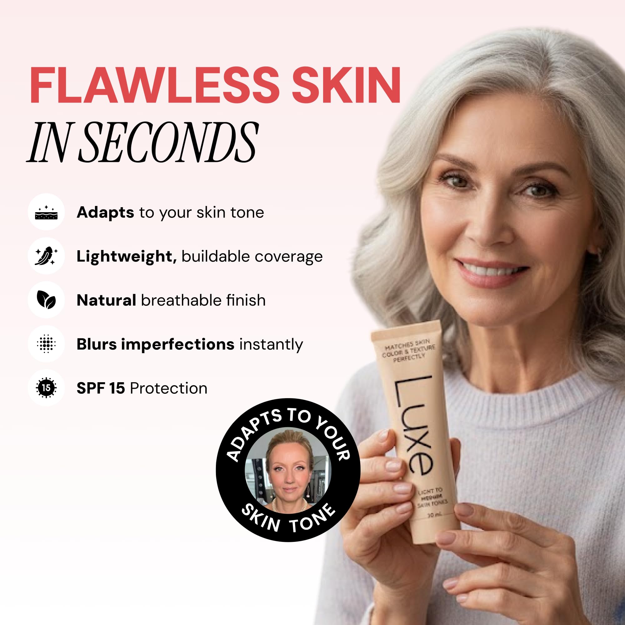 Luxe Cosmetics Luxe Color Changing Foundation for Women – Instantly Adapts to Your Skin Tone – Buildable Light-to-Medium Coverage – 12-Hour Wear – Natural Dewy Finish