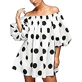 Lenader Summer Off The Shoulder Polka Dot Mini Dress Puff Sleeve Baggy Flowy Cute Babydoll Dress Casual Loose Short Dresses