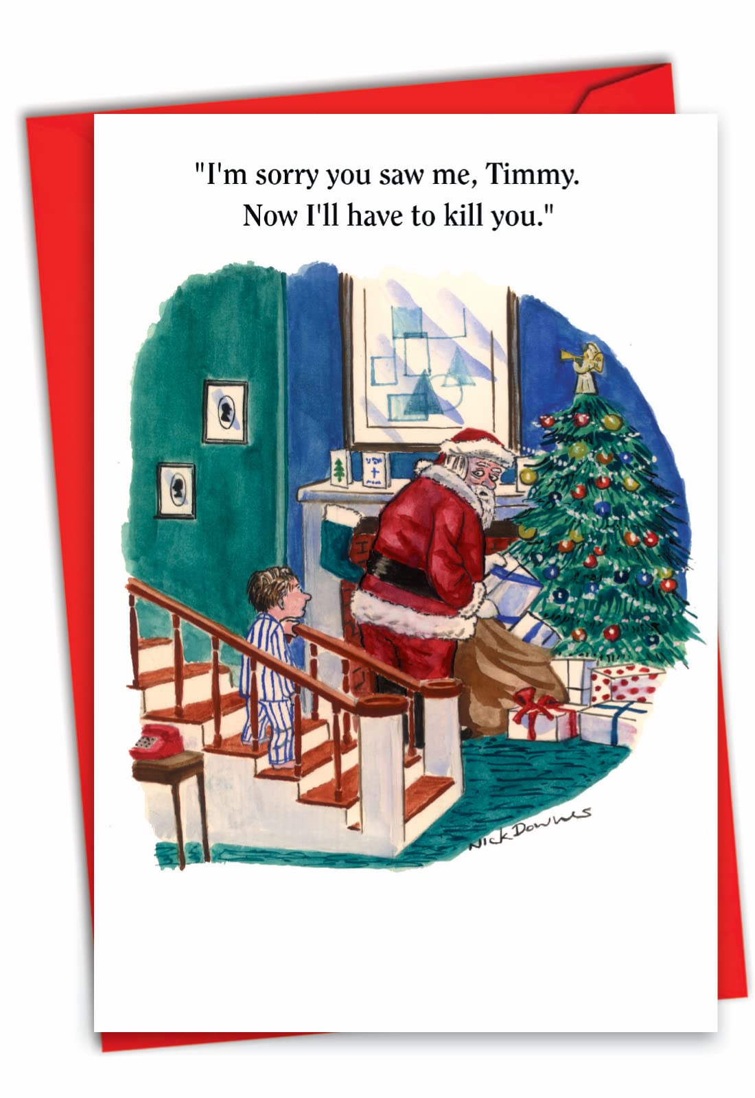 I'm Sorry Timmy - Funny Season's Greetings Card with Envelope (4.63 x 6.75 Inch) - Boy Catches Santa Claus, Adult Humor Merry Christmas Note Card for Men, Husband, Brother - Xmas Notecard 1603
