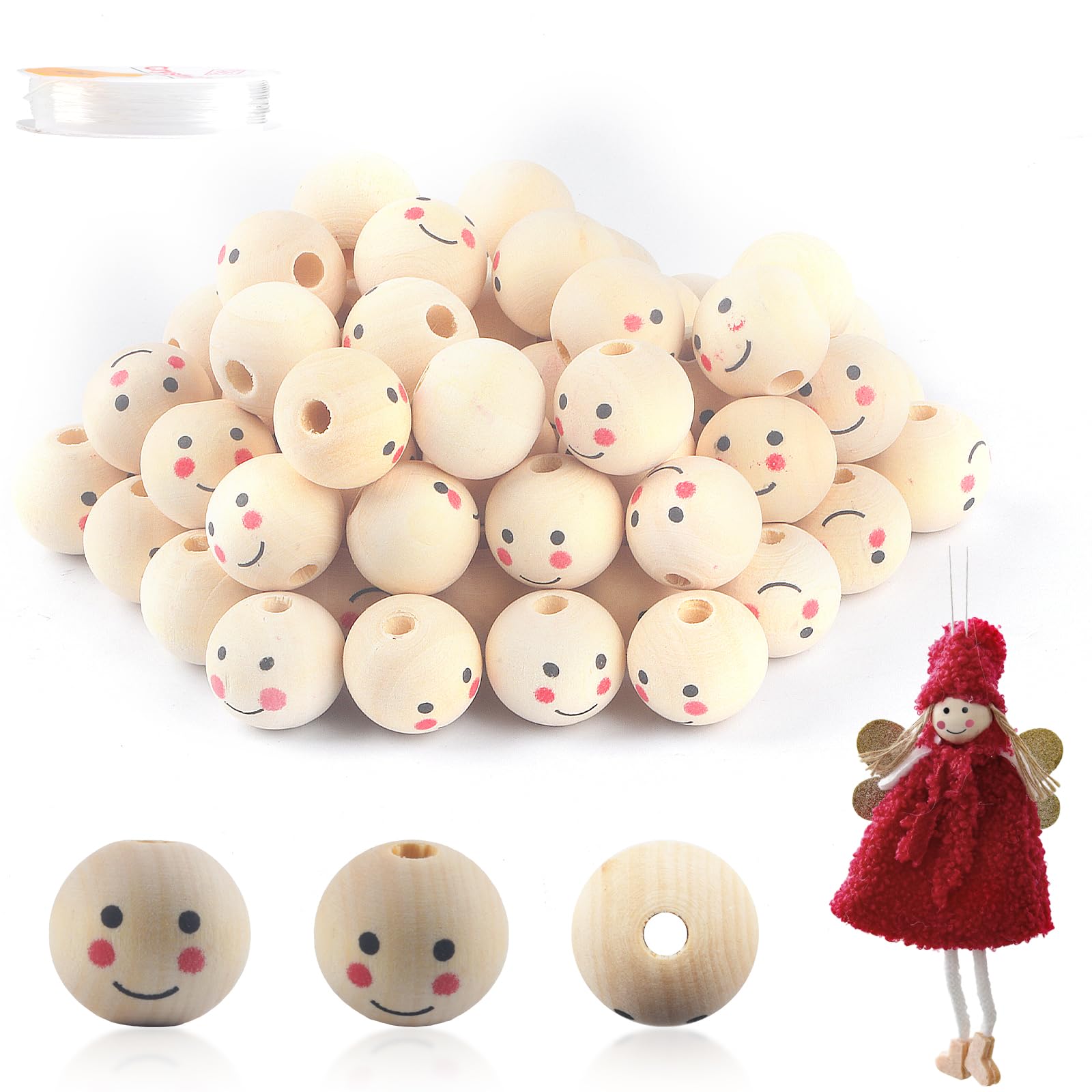 70PCS 20mm Natural Wooden Beads with Faces for Stringing, Natural Wood Beads, Wooden Spheres with Faces for DIY Macrame Decorations Crafting, with 1 Elastic Crystal Cord