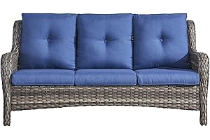 PUGIRE Outdoor Couch Wicker Patio Sofa - 3-Seater Rattan Patio Furniture Conversation Sofas with Deep Seating and Comfortable Cushions for Porch Deck Balcony Garden(Mixed Grey Wicker/Blue Cushion)