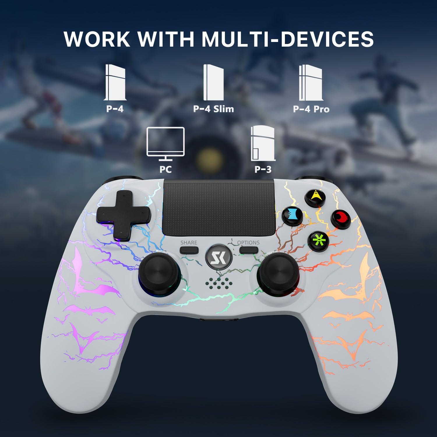 CHENGDAO 2er-Pack Kabelloser Controller für PS4, Multi-Plattform Controller kompatibel mit PS4/Pro/Slim/PC/iOS/Android/MacOS 3,5-mm-Audio-Buchse/empfindlichem Touchpad (Schwarz & Weiß) 6