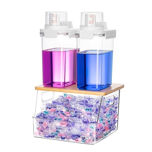 Laundry Detergent Dispenser, 3 in 1 Clear Acrylic Laundry Pods Container with Bamboo Lid, Laundry Room Organization Liquid Powder Kitchen Under Sink Pantry Organizer and Storage Dishwasher Pod Holder