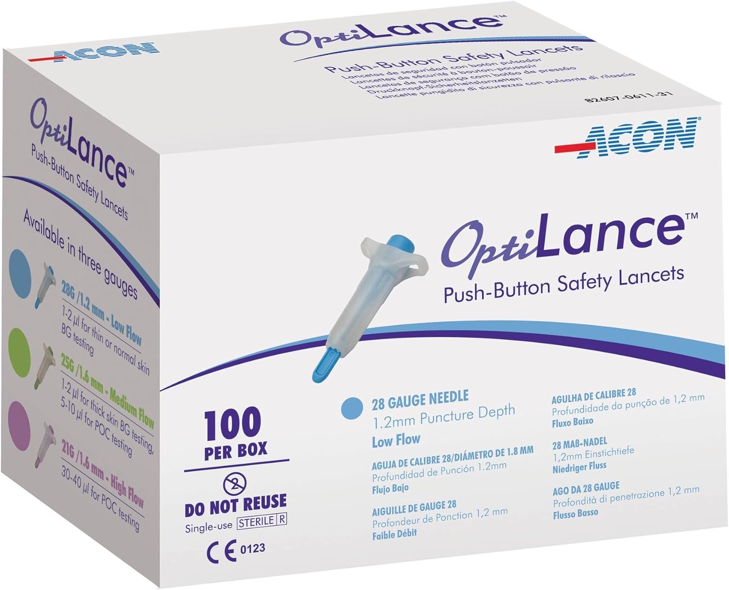 Optilance Push-Button Safety Lancets, 28 G, 1.2 Mm Puncture Depth, 100 Count, Lancing Device NOT Required: Health & Personal Care