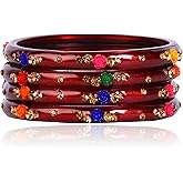 JD'Z COLLECTION Indian Bangles Jewelry For Women Glass Bangles Flower Design Costume Matching Partywear Bangles Set 4pc Beautiful Bollywood Bangles