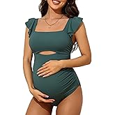Charmo Ruffle Maternity Bathing Suits for Women Ribbed Tie Knot Maternity Swimsuit Cutout Ruched Pregnancy Swimwear