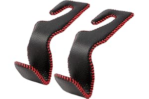 AMVOYOA Car Headrest Hook, Leather Vehicle Back Seat Hanger Storage for Purse Groceries Bag and More, Black&Red, Pack of 2